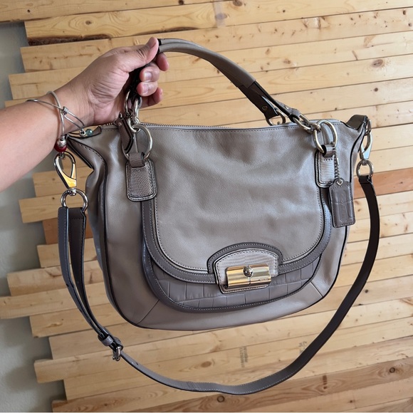 Coach Handbags - Coach Kristin Spectator Gray Taupe Leather Croc Trim Zip Satchel Crossbody Bag